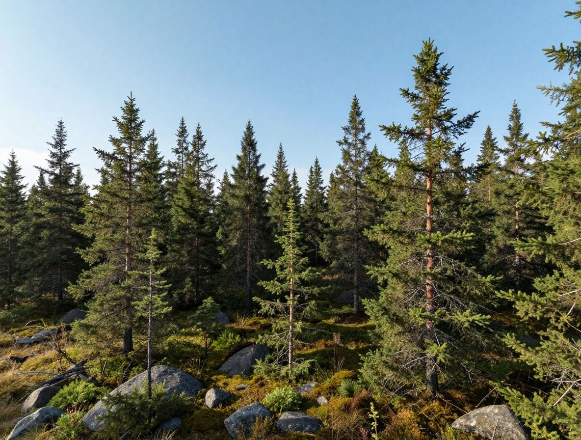 Laaja panoraamakuva pohjoismaisesta metsämaisemasta — korkeat havupuut, sammal ja kivet, aamu-utu laskeutuu puiden päälle, hiljainen ja rauhallinen skandinaavinen luonto