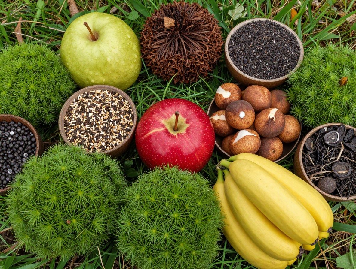 Luonnollisia vitamiinilähteitä — sitruunat, appelsiinit, pähkinät, mantelit, siemenet ja tuoreet marjat luonnonkivipinnalla, ravinnerikasta ruokaa päivänvalossa